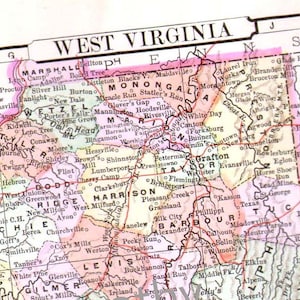 Mapa da Virgínia Ocidental, EUA, Estados Unidos, 1896, antiga gravura vitoriana em cobre, cartografia vintage para enquadrar