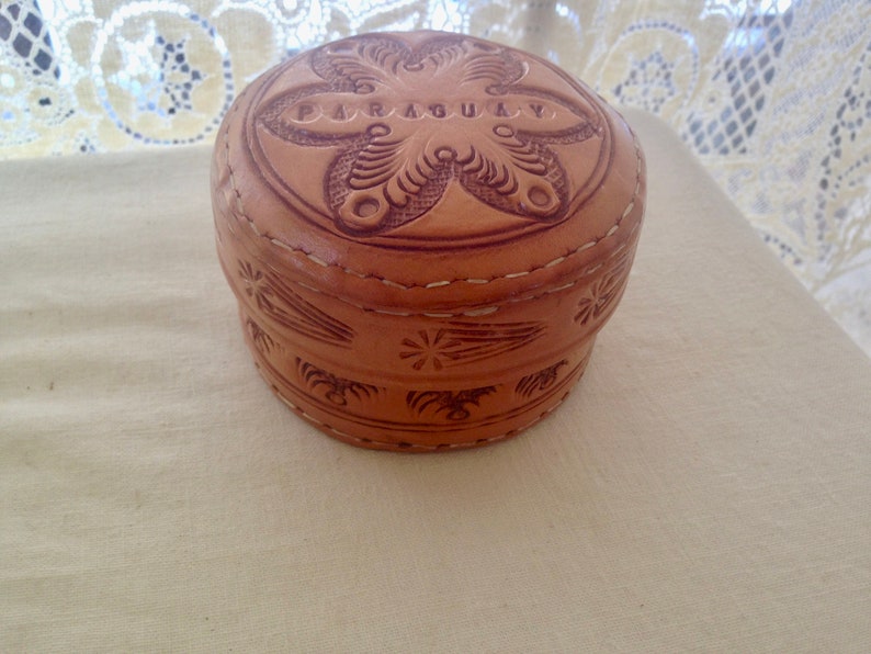 Tooled Leather Box Steer Hide Paraguay 1970s Jewelry Sewing Office Supplies Handmade