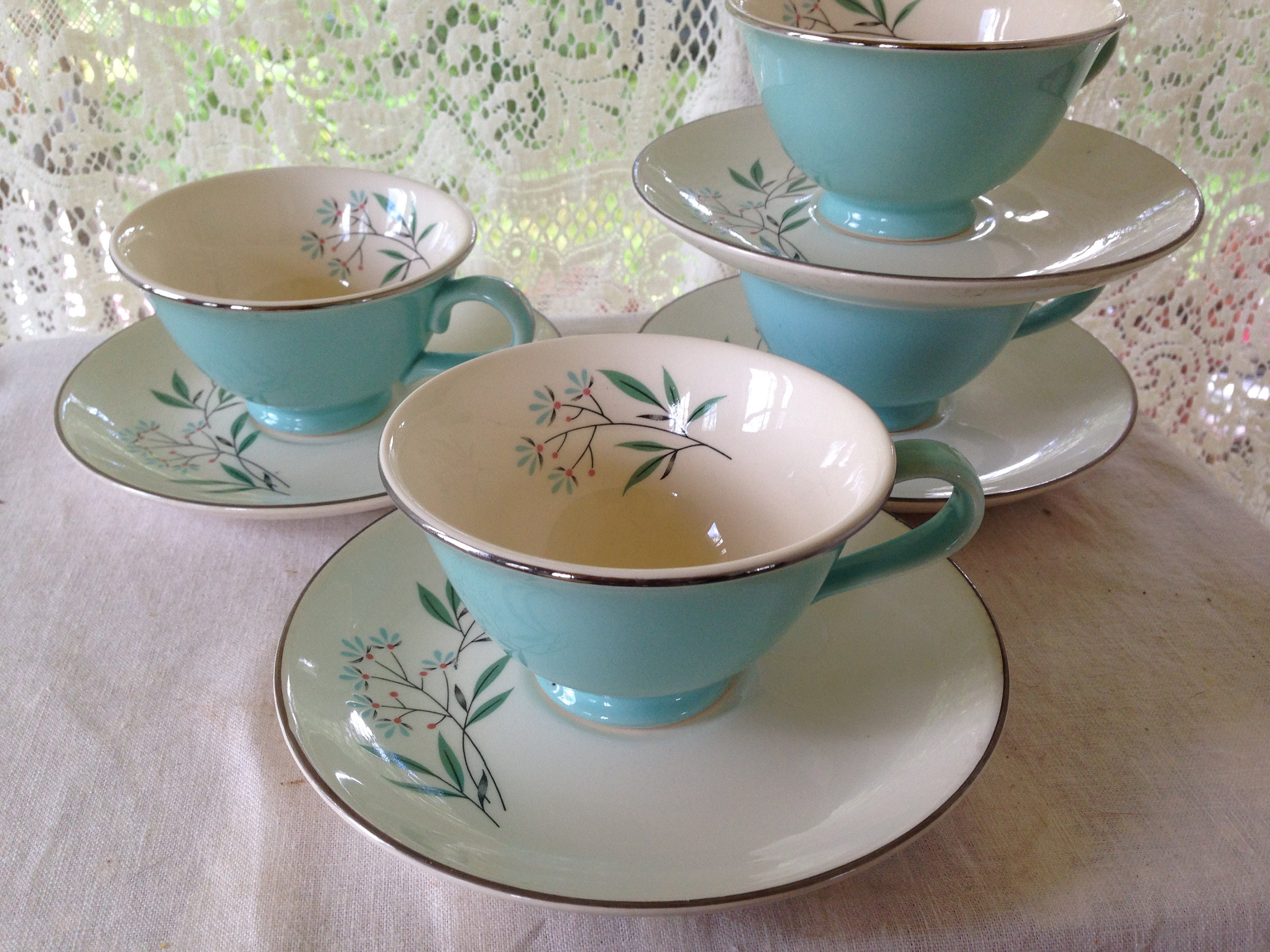 4 Aqua Turquoise Petal Lane China Teacups Saucers Taylor