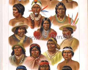 Native American Mexico South American People First Nations Vintage Edwardian Era 1907 Antique Chromolithograph Cultural Anthropology