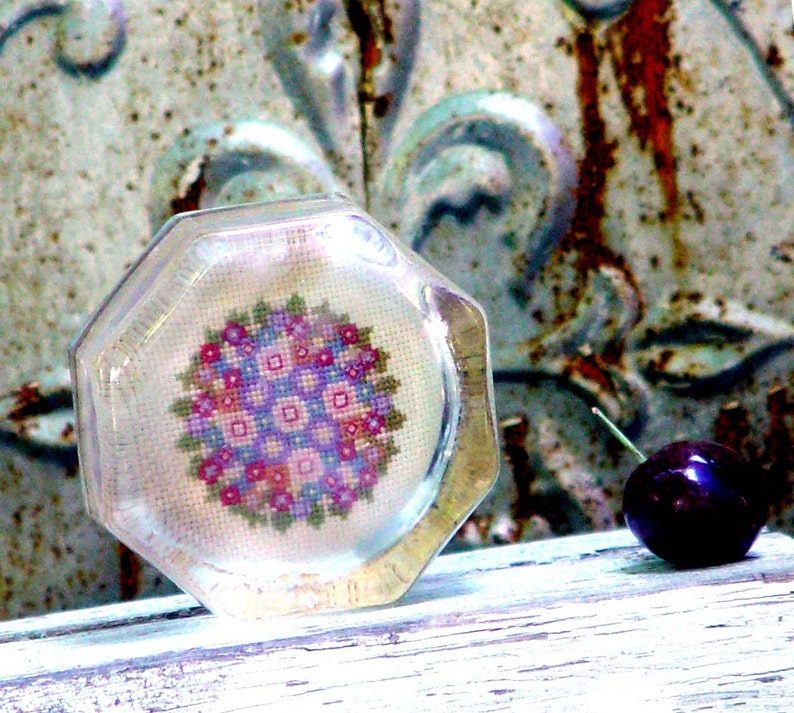 Vintage Petitpoint Glass Paperweight Shabby Chic Home Office 1960s Pink Lilac Green image 1