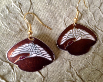 Laurel Burch Earrings CRANE BIRD Cloisonne Fan Dangle French Earwires Vintage Jewelry 1980s Gold Filled Mahogany Brown Gray