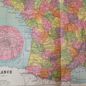 フランス地図 アクアチント 銅版画 ヨーロッパ地図 1892年 ビクトリア朝 アンティーク 地理 アート 額装