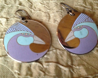 Laurel Burch Earrings HARLEQUIN BIRD Cloisonne Dangle French Ear Wires Vintage Jewelry 1980s Silver Baby Blue Lilac