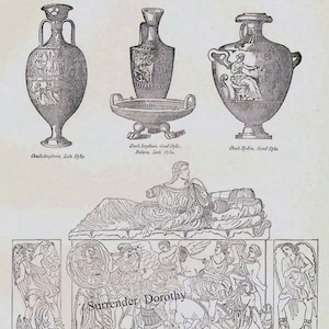 Poterie grecque antique Archéologie Amphore Vase Urne Sarcophage étrusan Grèce 1892 Gravure de carte victorienne pour encadrer noir et blanc