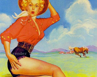 Thrown Off  Blond Cowgirl Vintage Pinup Girl Poster Print To Frame Mid Century Cheesecake Art 1950s By Munson