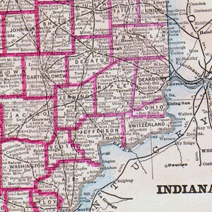 インディアナ州アメリカ州地図 大型アンティーク銅版画 北米地図 1892年 ビクトリア朝地理アート 額装