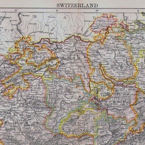 スイス地図 アンティーク アクアチント 銅版画 1892 ヴィンテージ ヨーロッパ地図 ヴィンテージ ビクトリア朝 地理 アート 額装