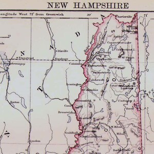 ニューハンプシャー州アメリカ州地図 アンティーク アクアチント 銅版画 北米地図 1892 ビクトリア朝地理アート 額装