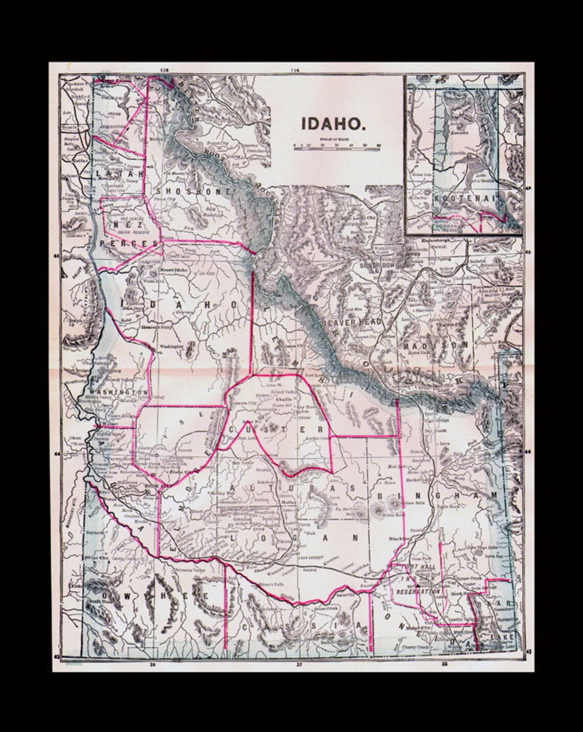 Idaho USA State Map Indian Reservations Antique Copper Etsy