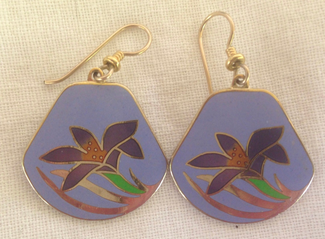Laurel Burch Earrings LILY Daylily Cloisonne Dangle French Ear Wires
