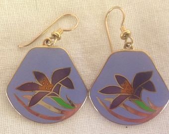 Laurel Burch Earrings LILY Daylily Cloisonne Dangle French Ear Wires Vintage Jewelry 1980s Gold Filled Lilac Purple
