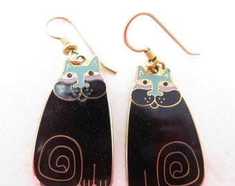Laurel Burch Earrings OLIVIA CAT Cloisonne Dangle French Ear Wires Vintage Jewelry 1980s Black Green Gold
