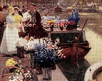 Holland Flower Market 1927 Vintage Color Lithograph Illustration To Frame