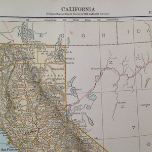 カリフォルニア州アメリカ州地図 アンティーク アクアチント 銅版画 北米地図 1892 ビクトリア朝地理アート 額装