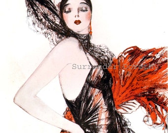 Spanische Flapper In Rot Seltene Goldene Zwanziger Jahre 1920er Jahre Vintage Werbung Lithographie Druck zum Einrahmen