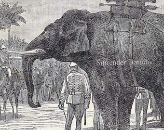 Elephants Transporting Cannons 1892  Bizarre Original Victorian Military Engraving To Frame Black & White Engraving