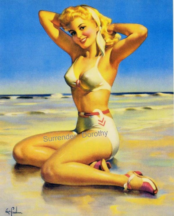  Yours For the Basking - Blonde Swimsuit Beauty on Beach -  Vintage Pin Up Girl Print by Art Frahm c.1940s - Fine Art Rolled Canvas  Print (Unframed) 27in x 40in: Posters