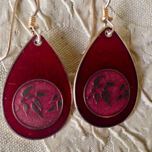 Laurel Burch Earrings Bamboo Dangle French Ear Wires RED WINE Gold Vintage Jewelry 1980s
