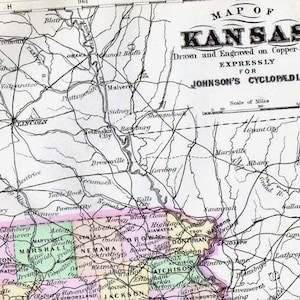 Kansas Karte USA 1896 Vintage Viktorianisch Antik Kupfer Gravur Kartographie Zum Rahmen