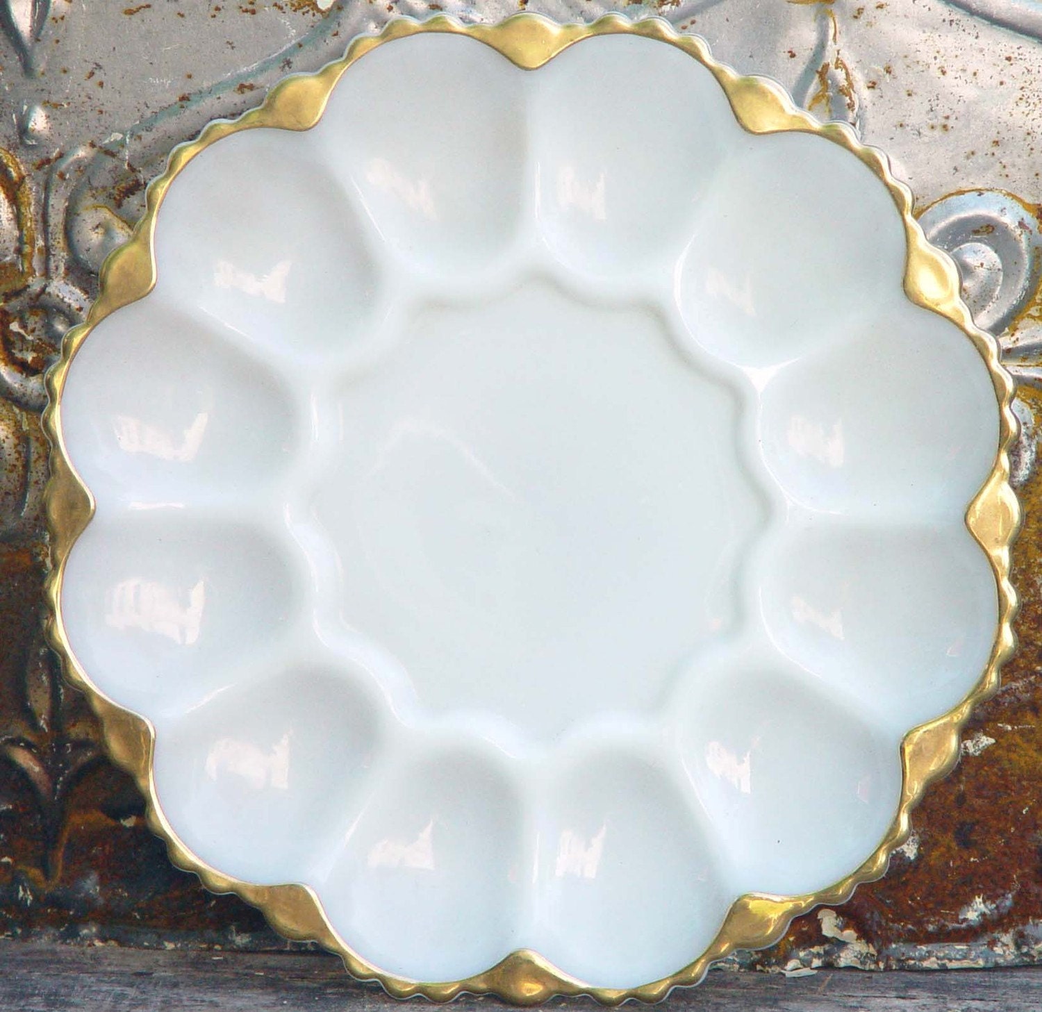 Fire King Milk Glass Deviled Egg Plate Gold Trim Golden Shell Etsy