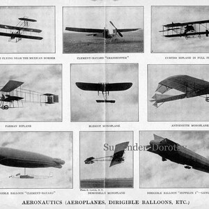 May include: A black and white historical image showcasing various early aeroplanes and dirigible balloons. The image features a Wright biplane, a Clement-Bayard "Grasshopper", a Curtiss biplane, a Farman biplane, a Blekiót monoplane, an Antoinette monoplane, a dirigible balloon "Clement-Bayard", a Demoiselles monoplane, and a dirigible balloon "Zeppelin 1" measuring 460 feet in length. The image is captioned "Aeronautics (Aeroplanes, Dirigible Balloons, Etc.)".
