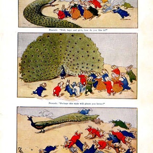 Puede incluir: Un pavo real con largas plumas de cola verdes muestra su plumaje a un grupo de conejos. Los conejos están vestidos de varios colores y miran al pavo real con interés. El pavo real está de pie en una playa de arena con hierba verde en el fondo. El texto "Well, boys and girls, how do you like it?" está escrito encima de la imagen. El texto "Perhaps this style will please you better!" está escrito encima de la segunda imagen. El texto "Now I'll sing for you." está escrito encima de la tercera imagen.