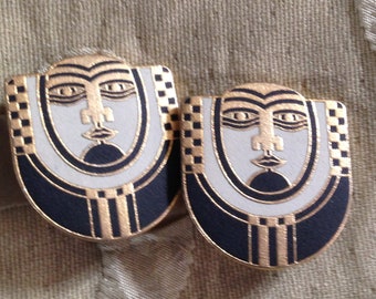 Laurel Burch Earrings MAORI Tribal Face Cloisonne RARE Clip On Vintage Jewelry 1980s Black White Gold