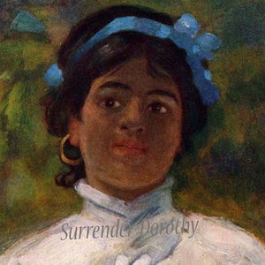 May include: A painting of a woman with dark hair and brown skin. She is wearing a blue headband with flowers and a white blouse. The background is a blurry green.