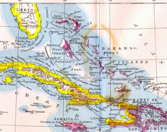 West Indies Map Cuba Jamaica Haiti Central America Antique Copper Engraving Vintage Cartography 1892 Victorian Geography Art To Frame