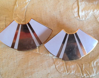 Laurel Burch Earrings Pale Gray Fans Cloisonne Post Stud Vintage Jewelry 1980s Gold