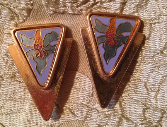 Boucles D'oreilles Clips Vintage Années 80 - Émail Cloisonné Fleuri Multicolore