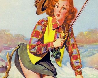 Redhead Pinup Fishing Girl Poster Print To Frame 1940s Wartime Double Caught  By Vaughn Bass