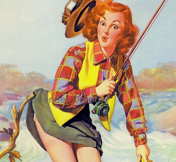 Redhead Pinup Fishing Girl Poster Print to Frame 1940s Wartime Double  Caught by Vaughn Bass 