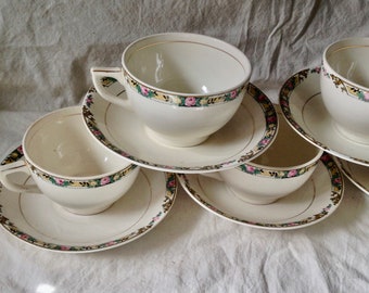 5 Teacups & Saucers Mount Clemens  Vintage 1930s USA Pink Roses Yellow Band Gold Trim Formal Dining