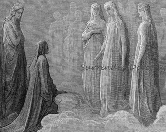 Piccarda Donati & Dante Almas Votos Rotos Gustave Dore Paradiso Canto 3 Ángeles del Cielo Grabado Vintage Para Enmarcar Negro, Blanco