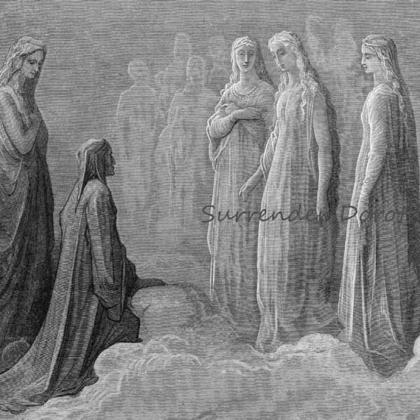 Piccarda Donati  & Dante Souls Broken Vows Gustave Dore Paradiso Canto 3 Heaven Angels Vintage Engraving To Frame Black, White