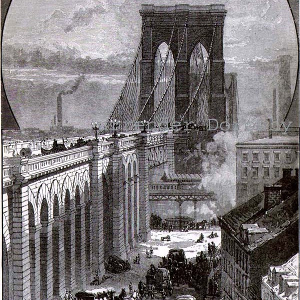 Mappa di Brooklyn, New York, ponte dell'East River, incisioni in rame, 1896, cartografia antica vittoriana d'epoca della città degli Stati Uniti, da incorniciare