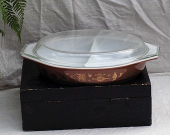 Pyrex Early Americana Divided Casserole W Cover One & Half Quart Brown Gold Milkglass 1960s Mid Century Kitchen Bake Ware