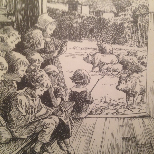 Barnyard Art Class Jan Draws Pigs Harold J. Sichel 1920s Black & White Children's Illustration To Frame