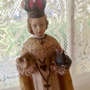 Infant Jesus Of Prague Chippy Vintage Statue Sacred Relic Red & White Raiment Chalk Ware Mid Century