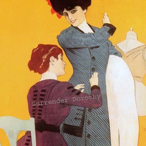 May include: Two women are working on a garment. The woman on the left is wearing a purple dress with black accents and is holding a piece of fabric. The woman on the right is wearing a blue and white striped dress and is holding a white garment. The text "Surrender Dorothy" is visible on the image.