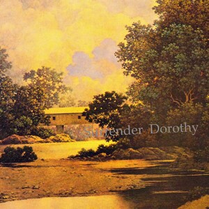 Peut inclure: Une peinture représentant une scène rurale avec une petite maison au loin, entourée d'arbres et d'un ruisseau. Le ciel est d'un jaune doux avec des nuages. La peinture est signée "Surrender Dorothy".