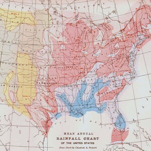 アメリカ合衆国降水量気温地図 アメリカのアンティーク銅版画 ヴィンテージ北米地図 1892 ビクトリア朝の地理