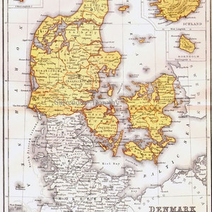 Denmark Map Iceland, Faroe Islands & Bornholm Inserts 1871 Victorian Lippencott Antique Copper Engraving European Cartography image 2
