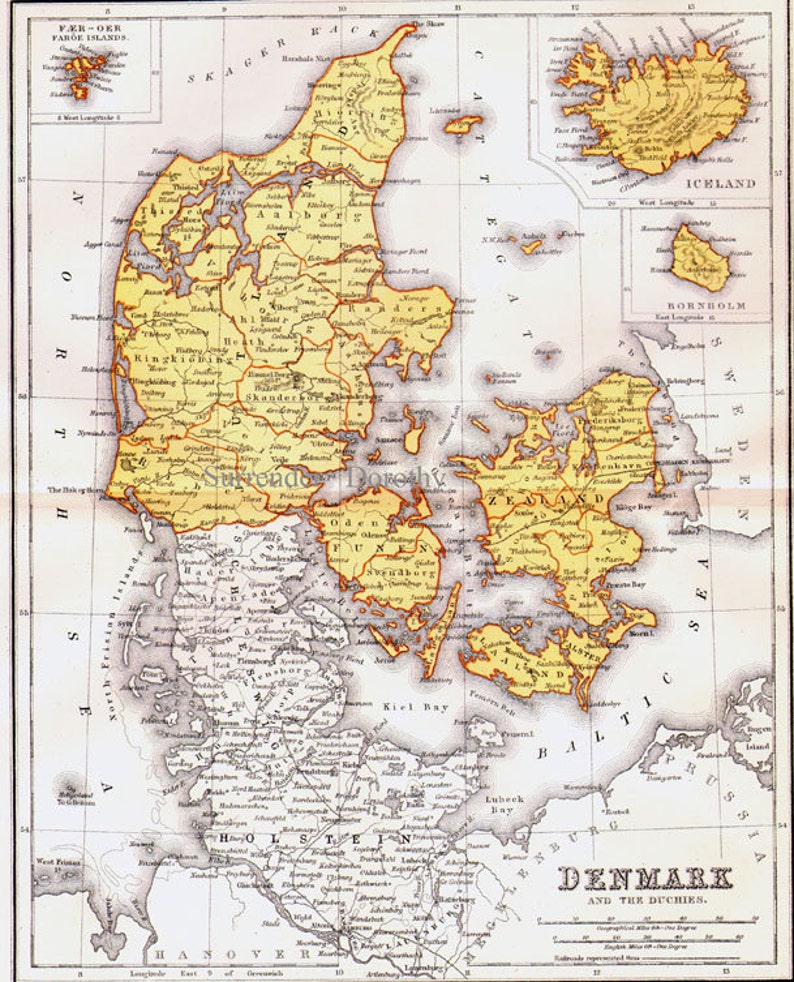 Denmark Map Iceland, Faroe Islands & Bornholm Inserts 1871 Victorian Lippencott Antique Copper Engraving European Cartography image 2