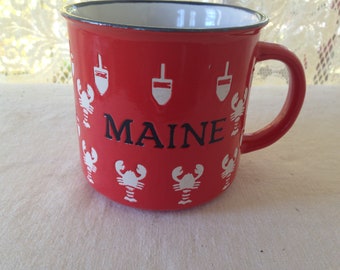 Maine Lobsters Buoy Mug Coffee Cup 1980s White Red