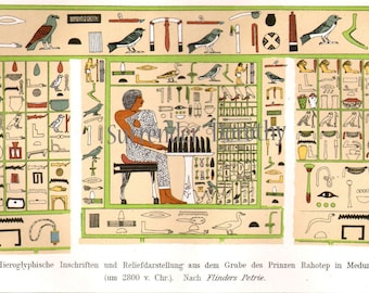 Ancient Egyptian Hieroglyphs Art 1907 Vintage Edwrdian Chromolithograph Illustration