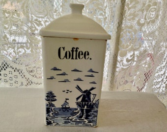 Blue Delft Windmill COFFEE CANISTER Vintage Mid Century Country Kitchen Classic Germany 1960s