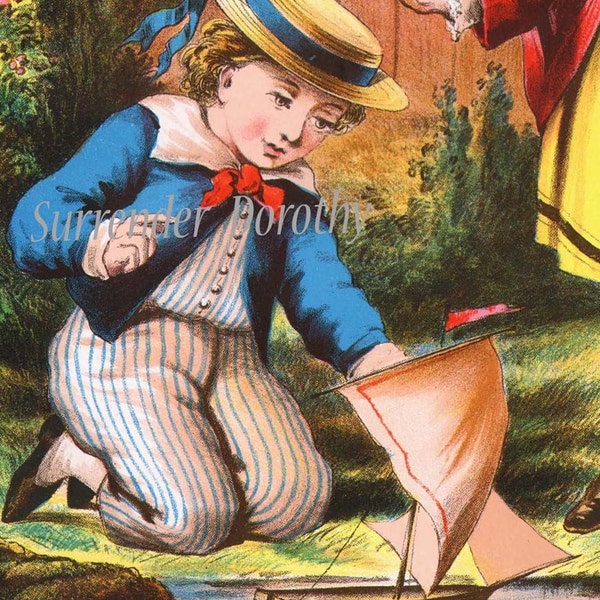 Lancement du nouveau bateau jouet 1877 vintage Victorian Children’s Nursery Chromolithographe Print To Frame